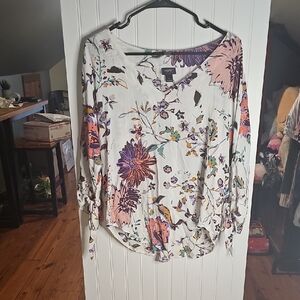 Daytrip White Floral V-Neck Blouse with Purple & Pink Flowers